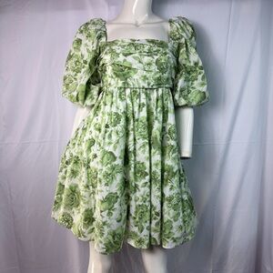 Abercrombie & Fitch Green Floral Puff Sleeve MiniDress Cottagecore Pleated Small